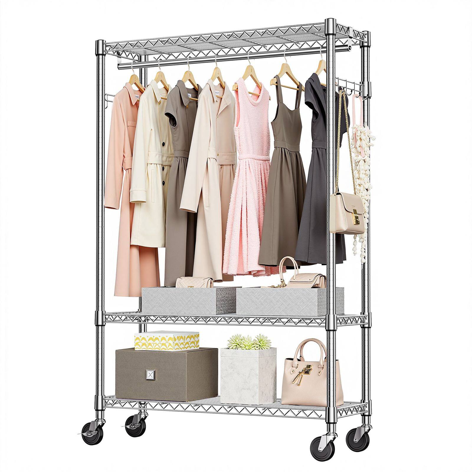 Front. Mirfee - 3-Tier Heavy Duty Rolling Garment Rack, 75.6" H Black Chrome Clothes Rack with Wheels - Chrome.