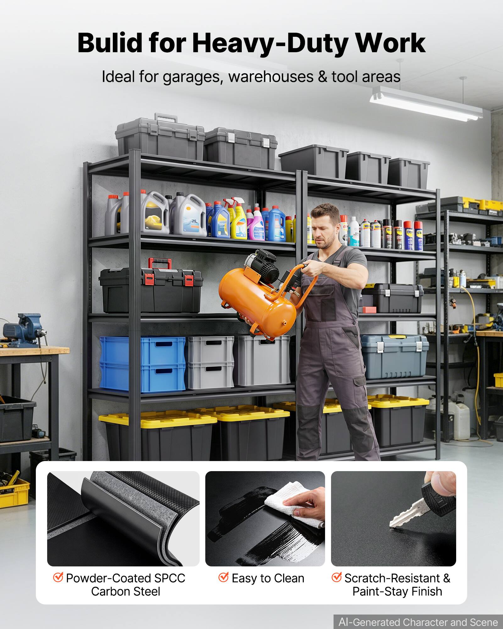Build for Heavy-Duty Work  
Ideal for garages, warehouses & tool areas  

- Powder-Coated SPCC Carbon Steel  
- Easy to Clean  
- Scratch-Resistant & Paint-Stay Finish  

AI-Generated Character and Scene