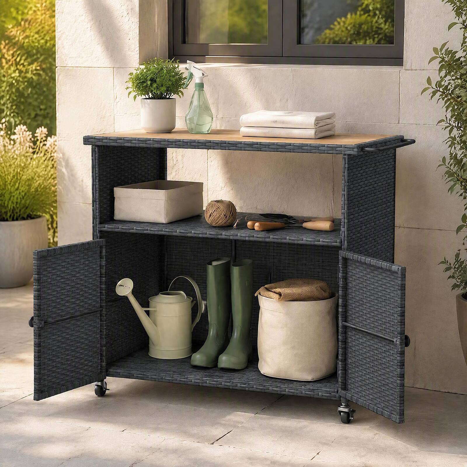 Alt View 3. Costway - Costway Outdoor Storage Cabinet with Acacia Wood Top 2 Doors Buffet Cabinet Sideboard - Black.