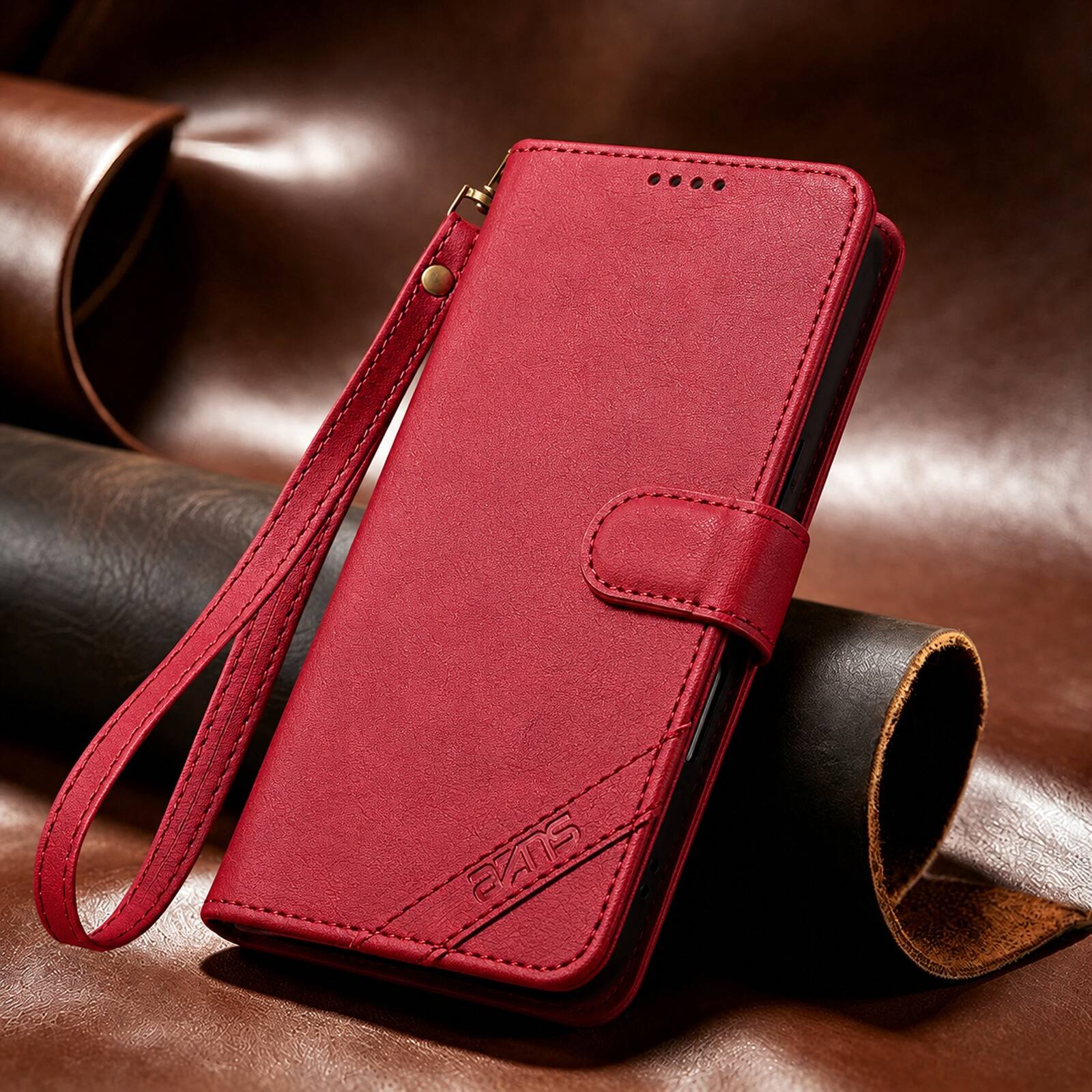 Alt View 1. Dteck - Magnetic Wallet Case For iPhone 18 Pro Max, Shockproof Card Pocket RFID Blocking Stand Strap Flip Folio Cover - Red.