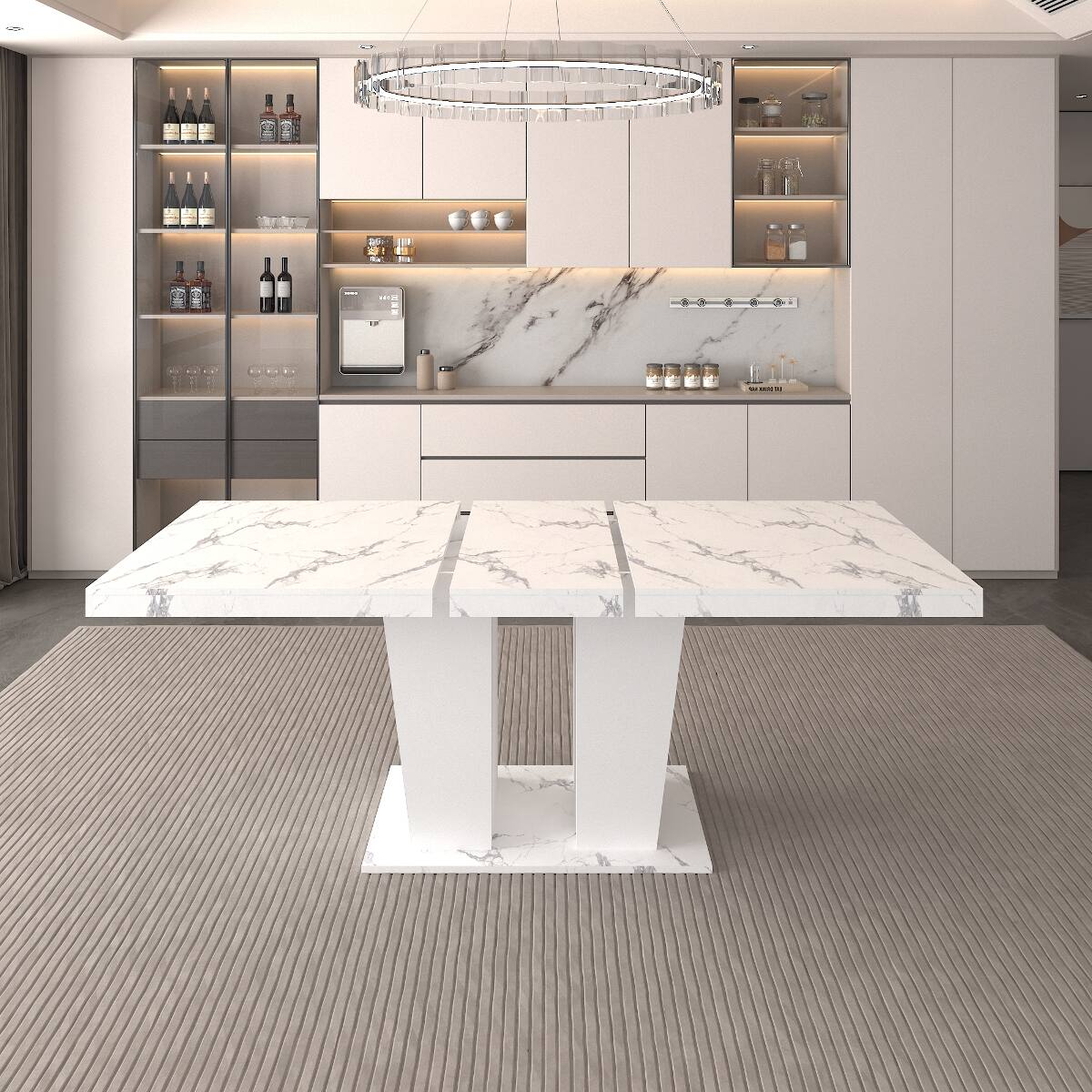 Alt View 2. Loheer - Loheer Extendable Dining Table, White Faux Marble Rectangle Table for Six to Ten, Dual Pedestal Base - White Marble.