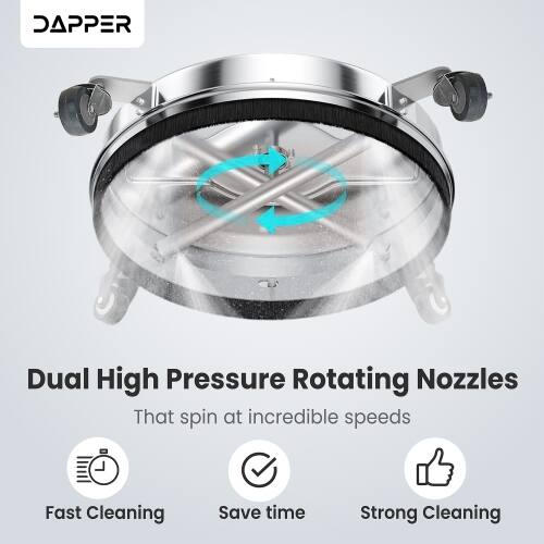 DAPPER Dual High Pressure Rotating Nozzles That spin at incredible speeds Fast Cleaning Save time Strong Cleaning