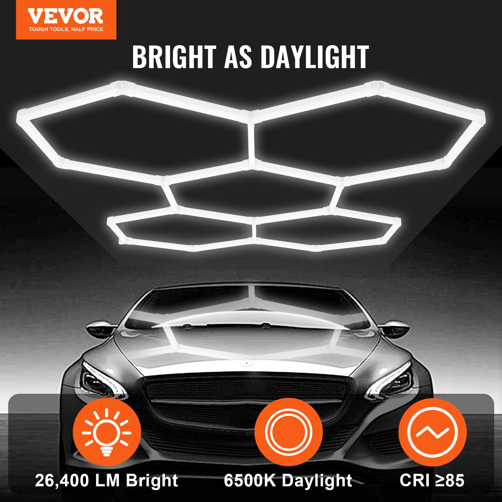 VEVOR TOUGH TOOLS, HALF PRICE

BRIGHT AS DAYLIGHT

26,400 LM Bright  
6500K Daylight  
CRI ≥ 85