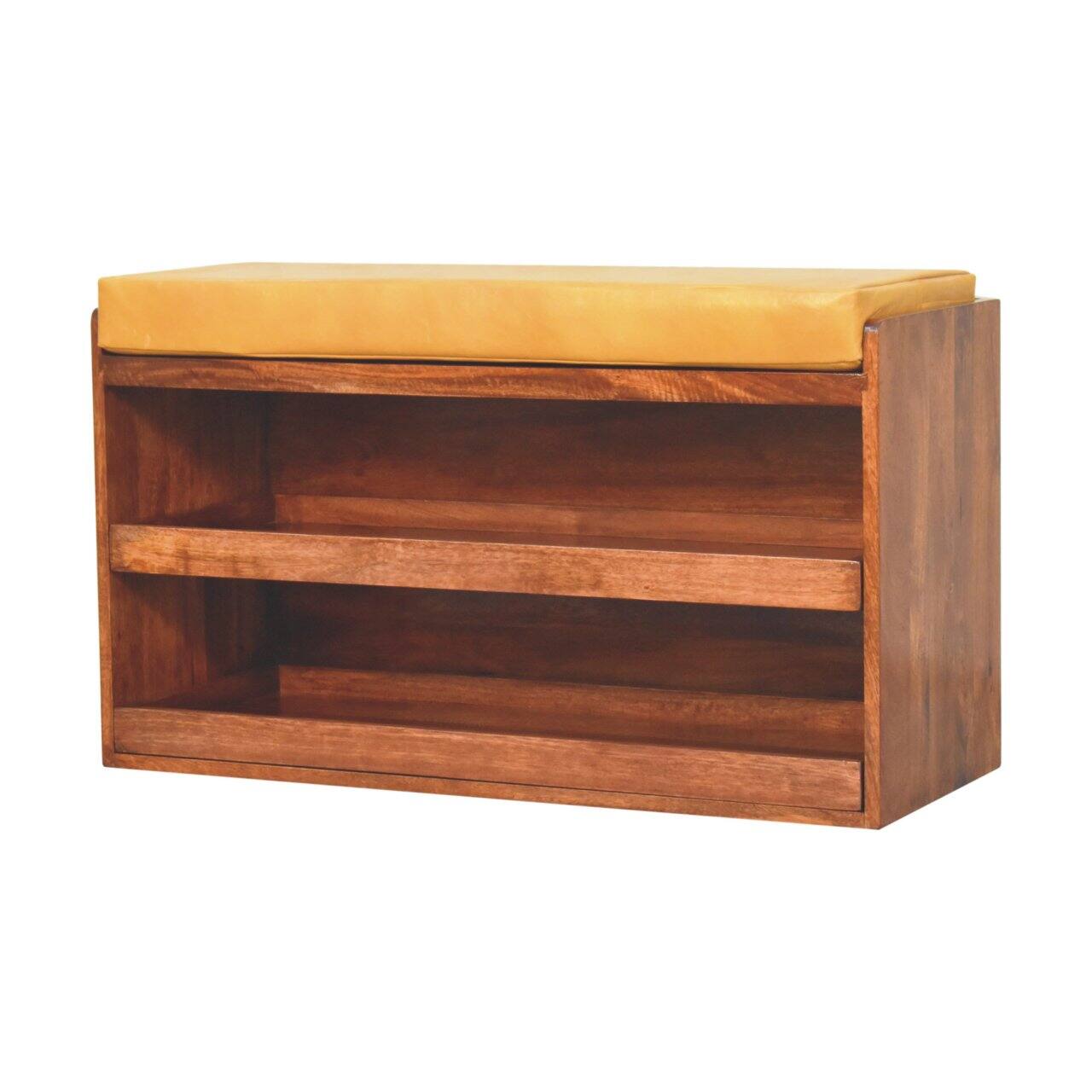 Back. Artisan Furniture - Artisan Furniture Solid Wood Buffalo Hide Pull out Honey Caramel Shoe Storage Bench - Brown and Yellow.