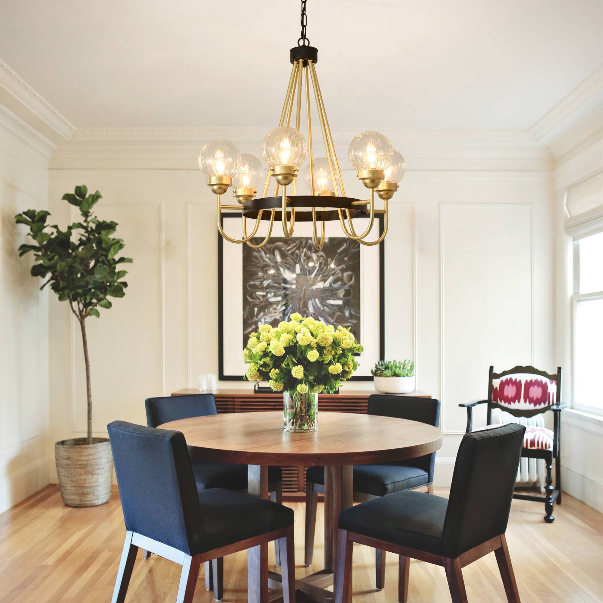 Left. RYHNUYNE - 6 Light Modern Chandelier, 24" Gold and Black Metal Pendant Light with Ribbed Glass Globes Adjustable Height.