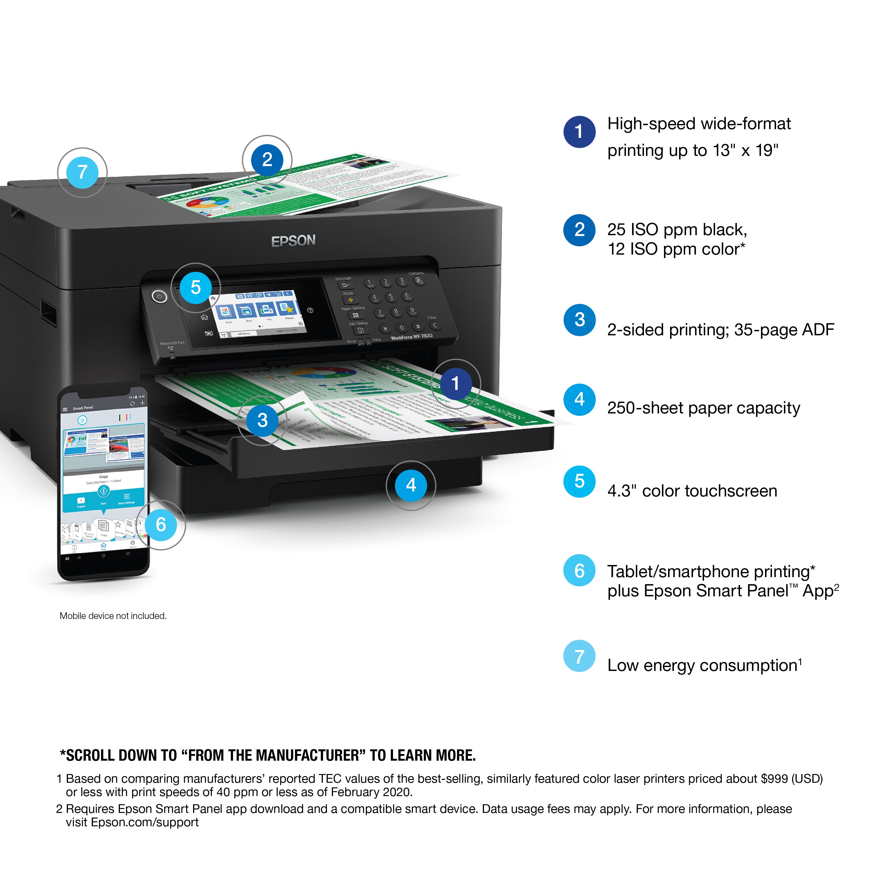 1. High-speed wide-format printing up to 13" x 19"
2. 25 ISO ppm black, 12 ISO ppm color
3. 2-sided printing; 35-page ADF
4. 250-sheet paper capacity
5. Mobile device not included
6. 4.3" color touchscreen
7. Tablet/smartphone printing* plus Epson Smart Panel" App
8. Low energy consumption
9. Scroll down to "From the Manufacturer" to learn more.
10. Based on comparing manufacturers reported TEC values of the best-selling, similarly featured color laser printers priced about $999 (USD) or less with print speeds of 40 ppm or less.
11. Requires Epson Smart Panel app download and a compatible smart device. Data usage fees may apply. For more information, please visit Epson.com/support.