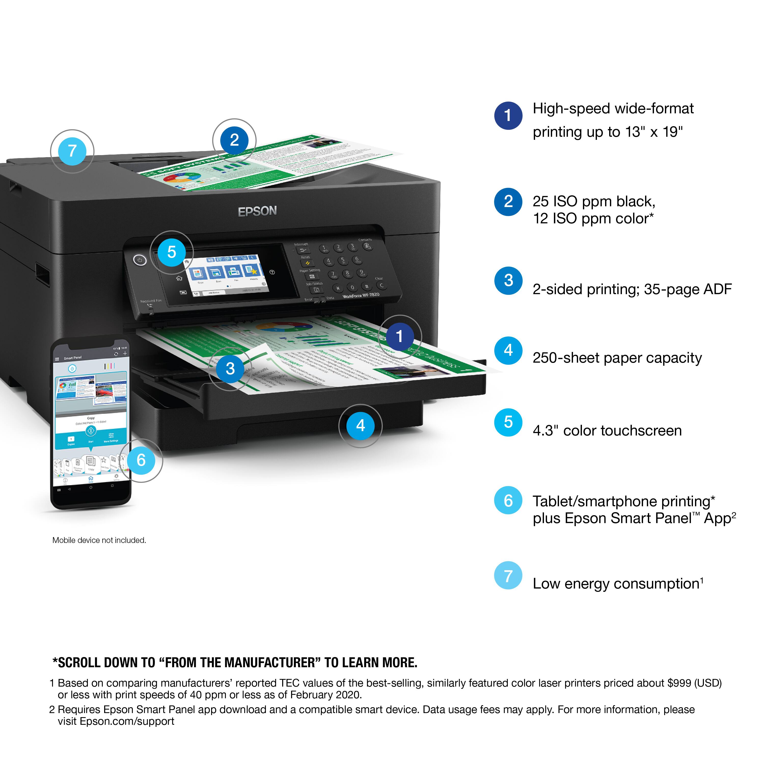 1. High-speed wide-format printing up to 13" x 19"
2. 25 ISO ppm black, 12 ISO ppm color
3. 2-sided printing; 35-page ADF
4. 250-sheet paper capacity
5. Mobile device not included
6. 4.3" color touchscreen
7. Tablet/smartphone printing* plus Epson Smart Panel" App
8. Low energy consumption
9. Scroll down to "From the Manufacturer" to learn more.
10. Based on comparing manufacturers reported TEC values of the best-selling, similarly featured color laser printers priced about $999 (USD) or less with print speeds of 40 ppm or less.
11. Requires Epson Smart Panel app download and a compatible smart device. Data usage fees may apply. For more information, please visit Epson.com/support.