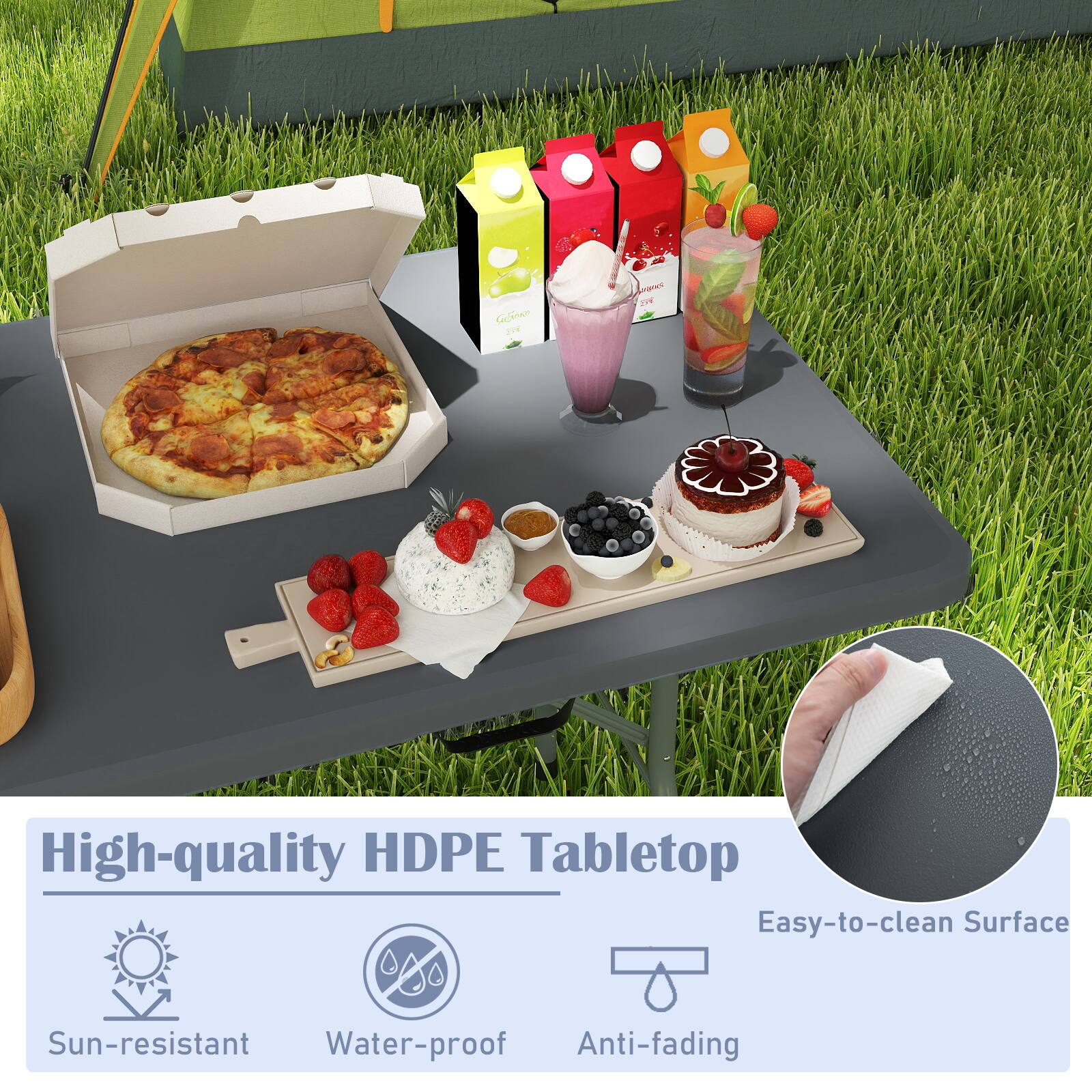 High-quality HDPE Tabletop  
Easy-to-clean Surface  
Sun-resistant  
Water-proof  
Anti-fading