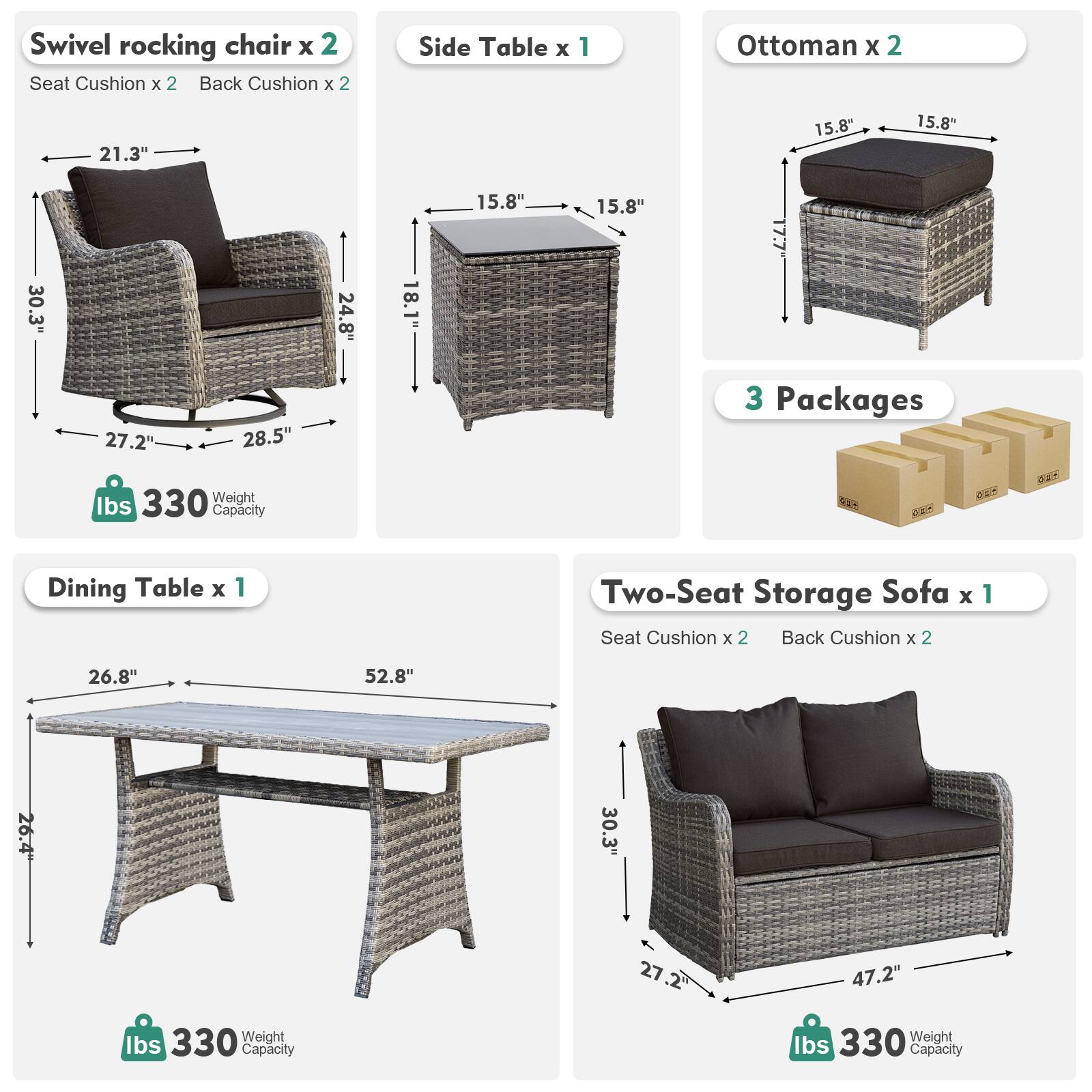 Swivel rocking chair x 2  
Seat Cushion x 2  
Back Cushion x 2  

Side Table x 1  

Ottoman x 2  

Dining Table x 1  

Two-Seat Storage Sofa x 1  
Seat Cushion x 2  
Back Cushion x 2  

Dimensions:  
- Swivel rocking chair: 21.3" x 15.8" x 30.3" x 24.8" x 27.2" x 28.5"  
- Side Table: 15.8" x 15.8" x 15.8"  
- Ottoman: 15.8" x 15.8"  
- Dining Table: 26.8" x 52.8" x 26.4"  
- Two-Seat Storage Sofa: 30.3" x 27.2" x 47.2"  

Weight Capacity: 330 lbs  

3 Packages