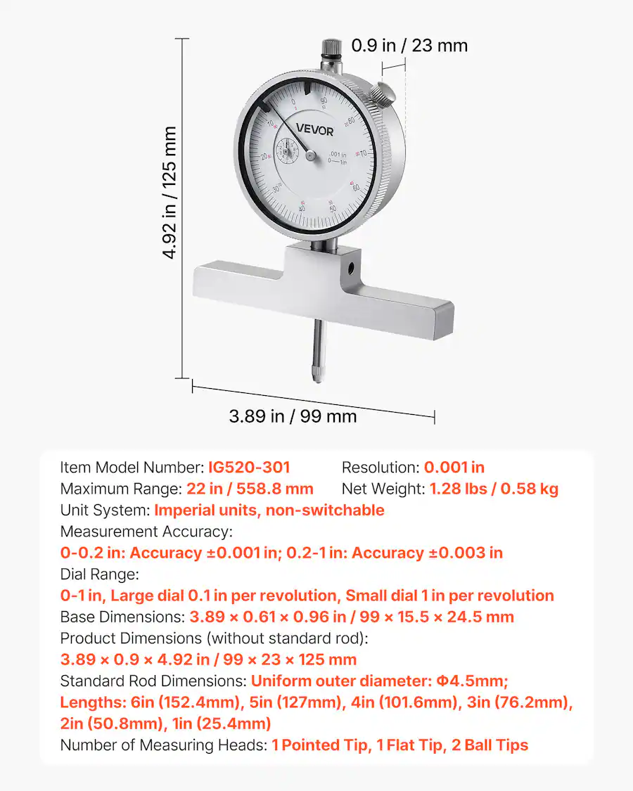 Backing Rod Depth VEVOR Depth Gauge, Depth Micrometer 0 22 inch Measuring Range, 0.001 ...