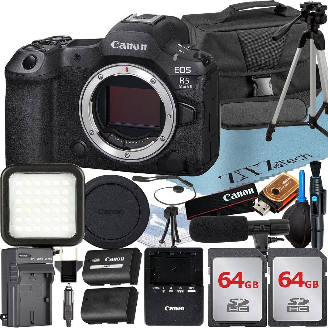 Canon - EOS R5 Mark II Mirrorless Camera with 2x 64GB Card + Flash + ZeeTech Bundle (International Version) - Black