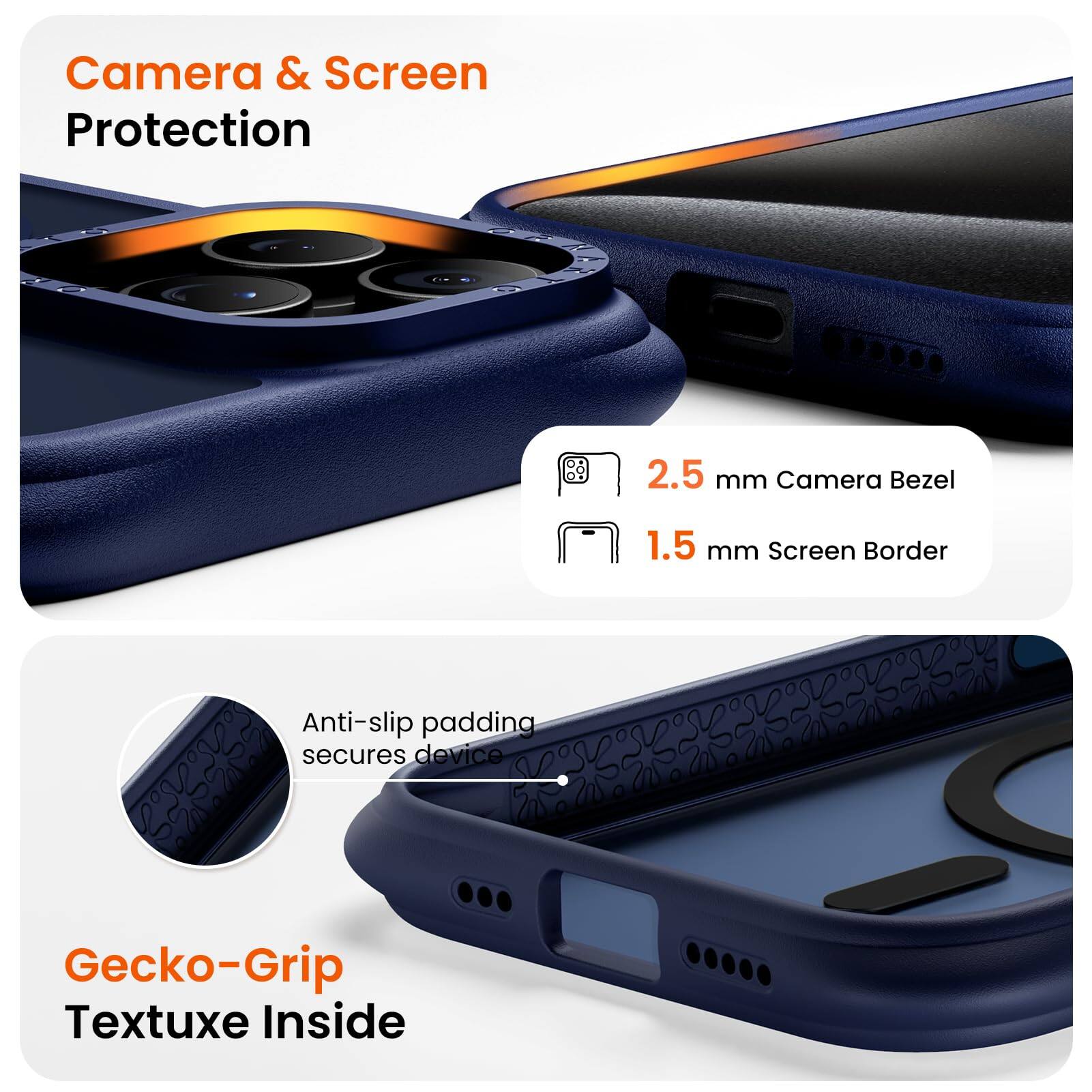 Camera & Screen Protection  
2.5 mm Camera Bezel  
1.5 mm Screen Border  
Anti-slip padding secures device  
Gecko-Grip Textuxe Inside