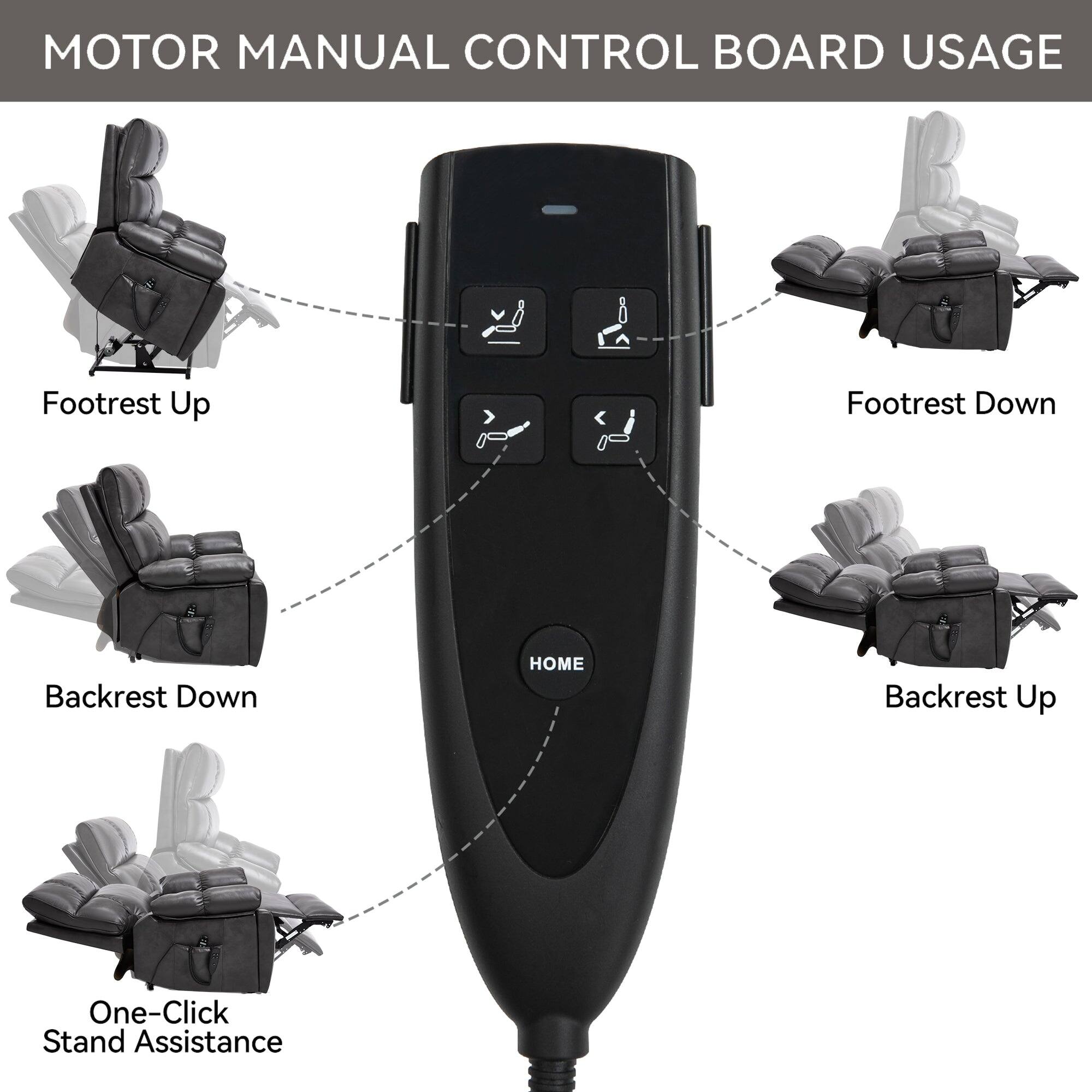 MOTOR MANUAL CONTROL BOARD USAGE

- Footrest Up
- Footrest Down
- Backrest Down
- Backrest Up
- One-Click Stand Assistance
- HOME