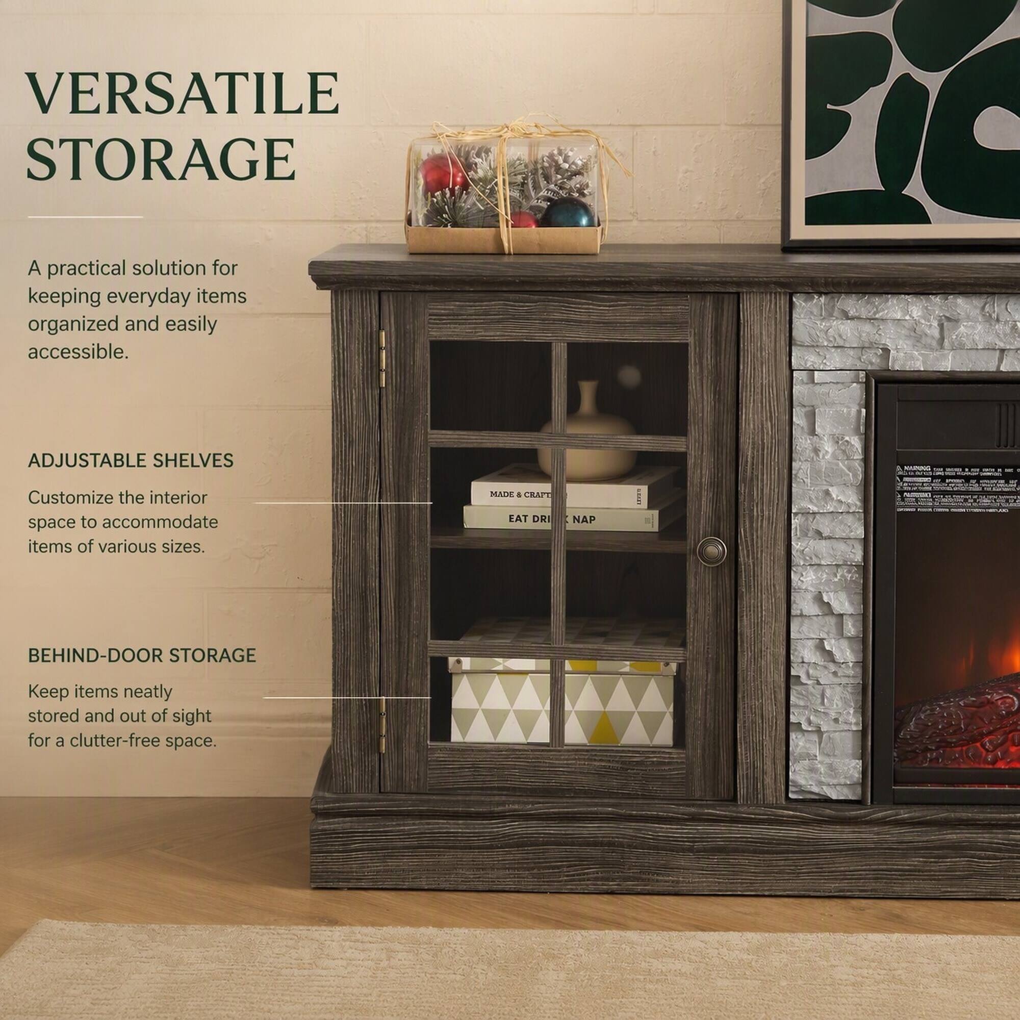 VERSATILE STORAGE  
A practical solution for keeping everyday items organized and easily accessible.  

ADJUSTABLE SHELVES  
Customize the interior space to accommodate items of various sizes.  

BEHIND-DOOR STORAGE  
Keep items neatly stored and out of sight for a clutter-free space.