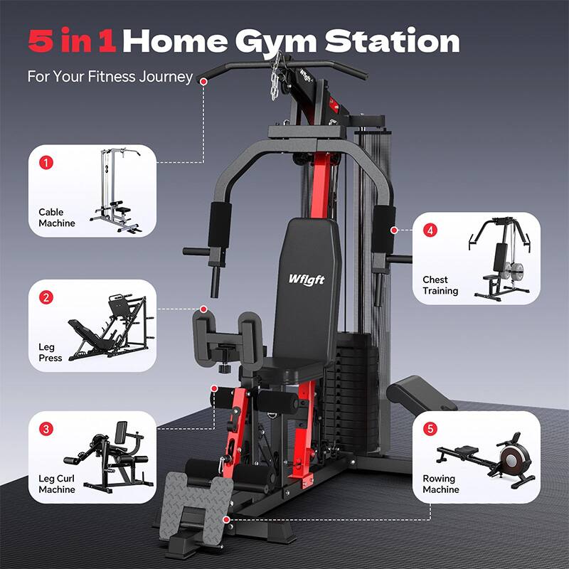 5 in 1 Home Gym Station For Your Fitness Journey

1. Cable Machine
2. Leg Press
3. Leg Curl Machine
4. Chest Training
5. Rowing Machine