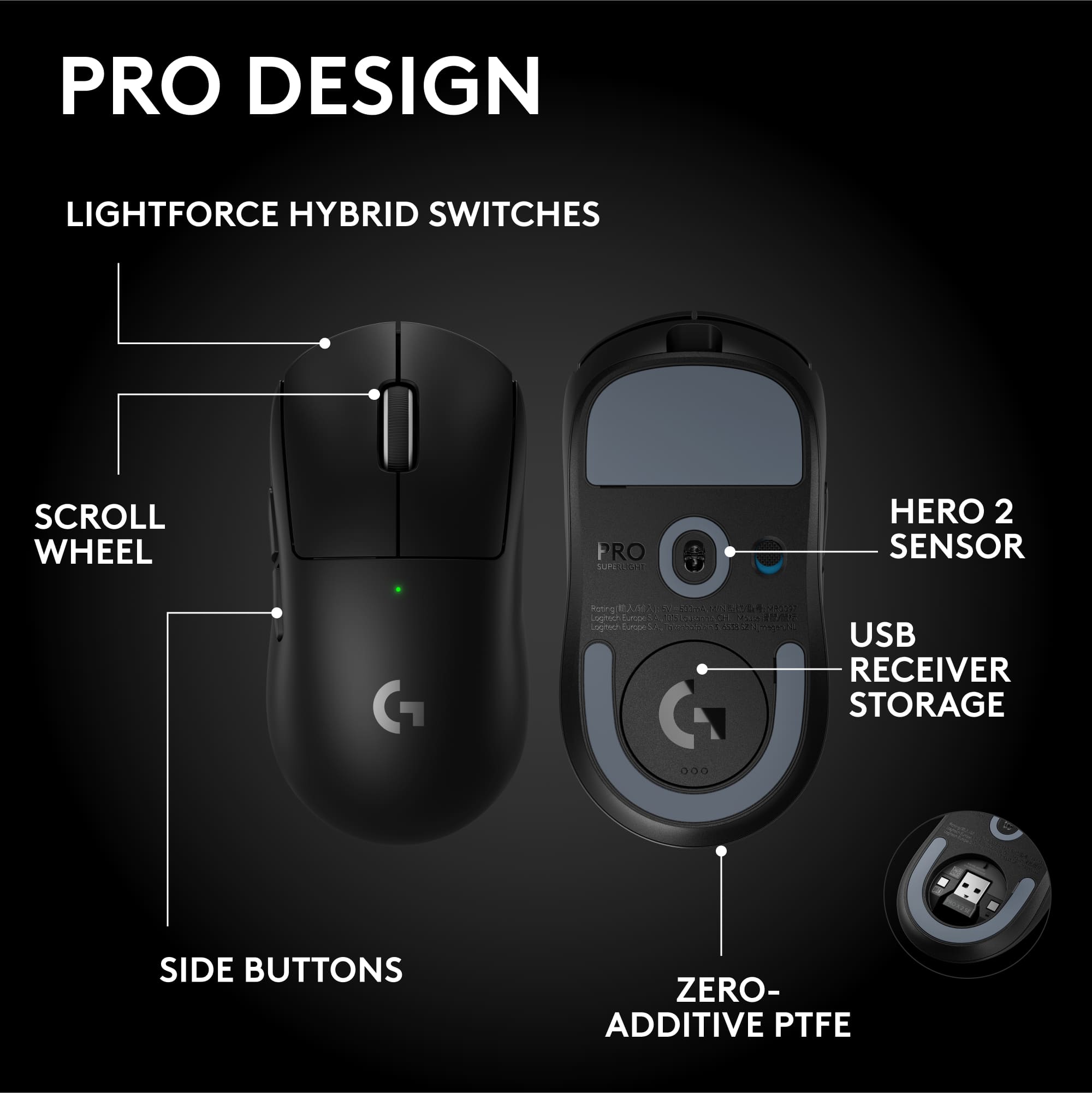 PRO DESIGN
LIGHTFORCE HYBRID SWITCHES
SCROLL WHEEL
SIDE BUTTONS
HERO 2 SENSOR
USB RECEIVER STORAGE
ZERO-ADDITIVE PTFE