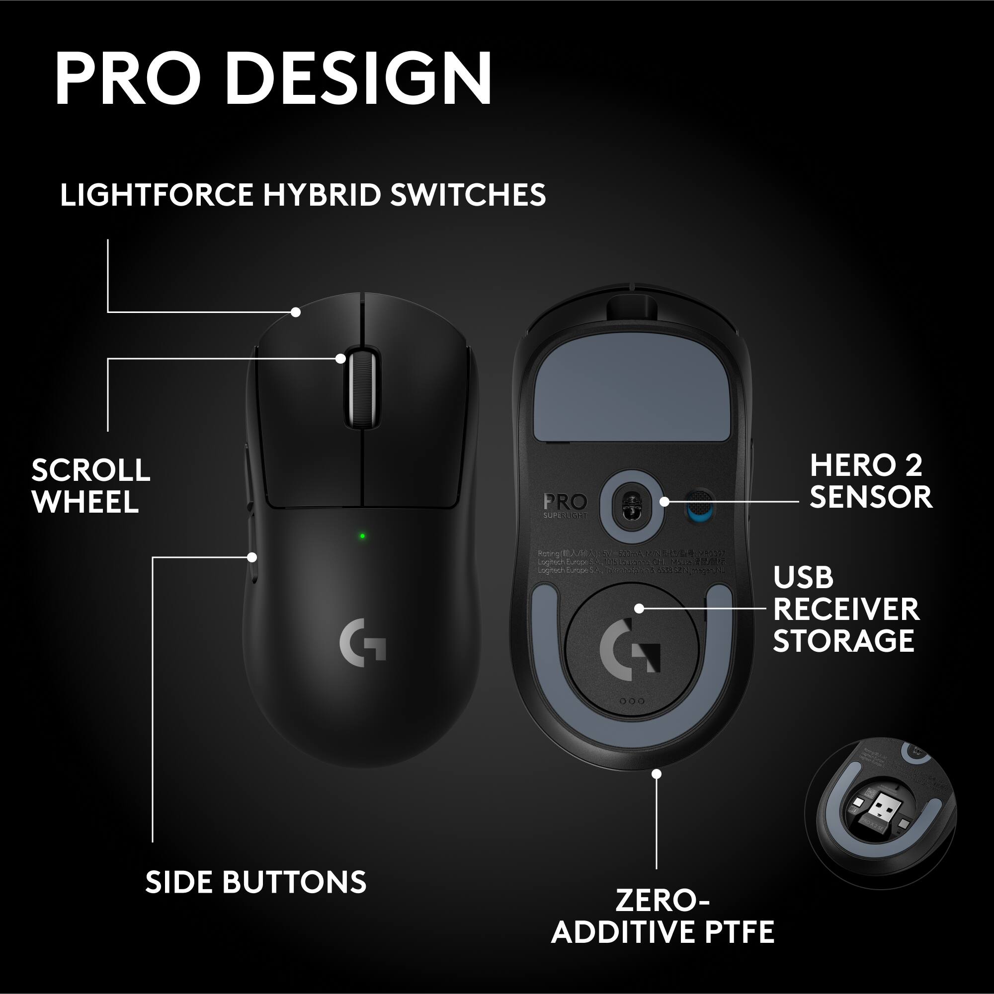 PRO DESIGN

LIGHTFORCE HYBRID SWITCHES

SCROLL WHEEL

SIDE BUTTONS

HERO 2 SENSOR

USB RECEIVER STORAGE

ZERO-ADDITIVE PTFE
