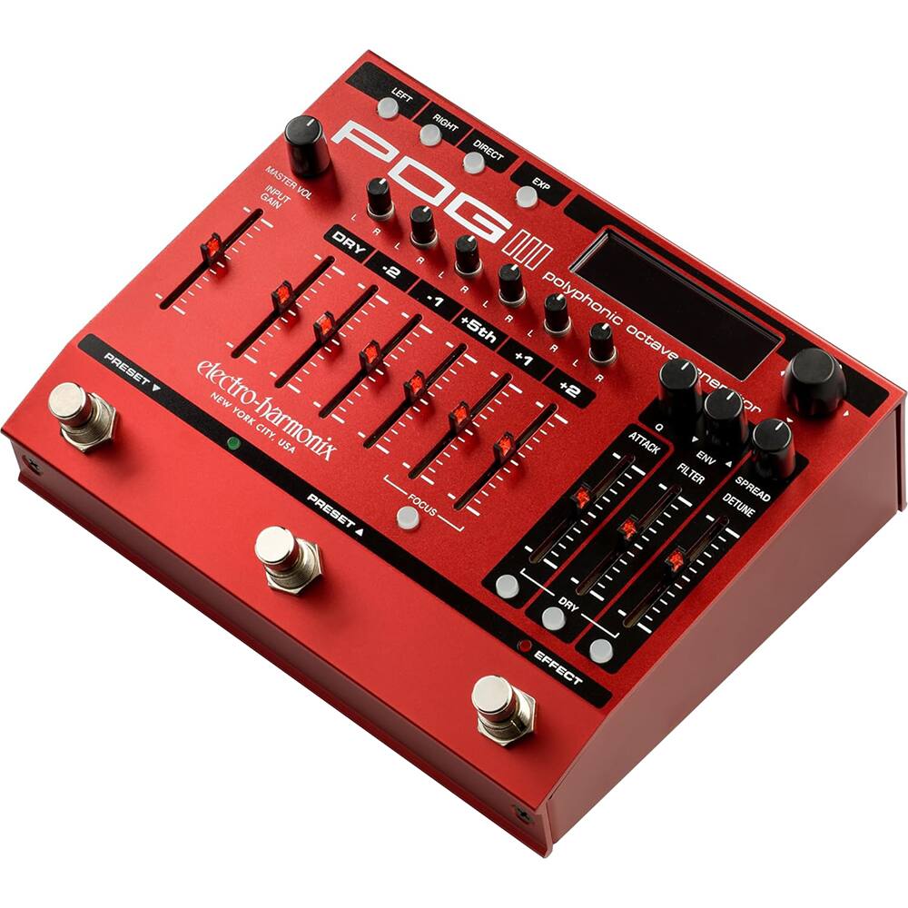 LEFT RIGHT DIRECT MASTER POG EXP INPUT VOL GAIN DRY L 0I0 R -2 4 1 +5th L A polyphonic L - +7 L octave PRESET + R ne NEW +2 electro-harmonix YORK or CITY. Q USA ATTACK ENV FILTER FIL SPREAD PRESET FOCUS DETUNE DRY EFFECT