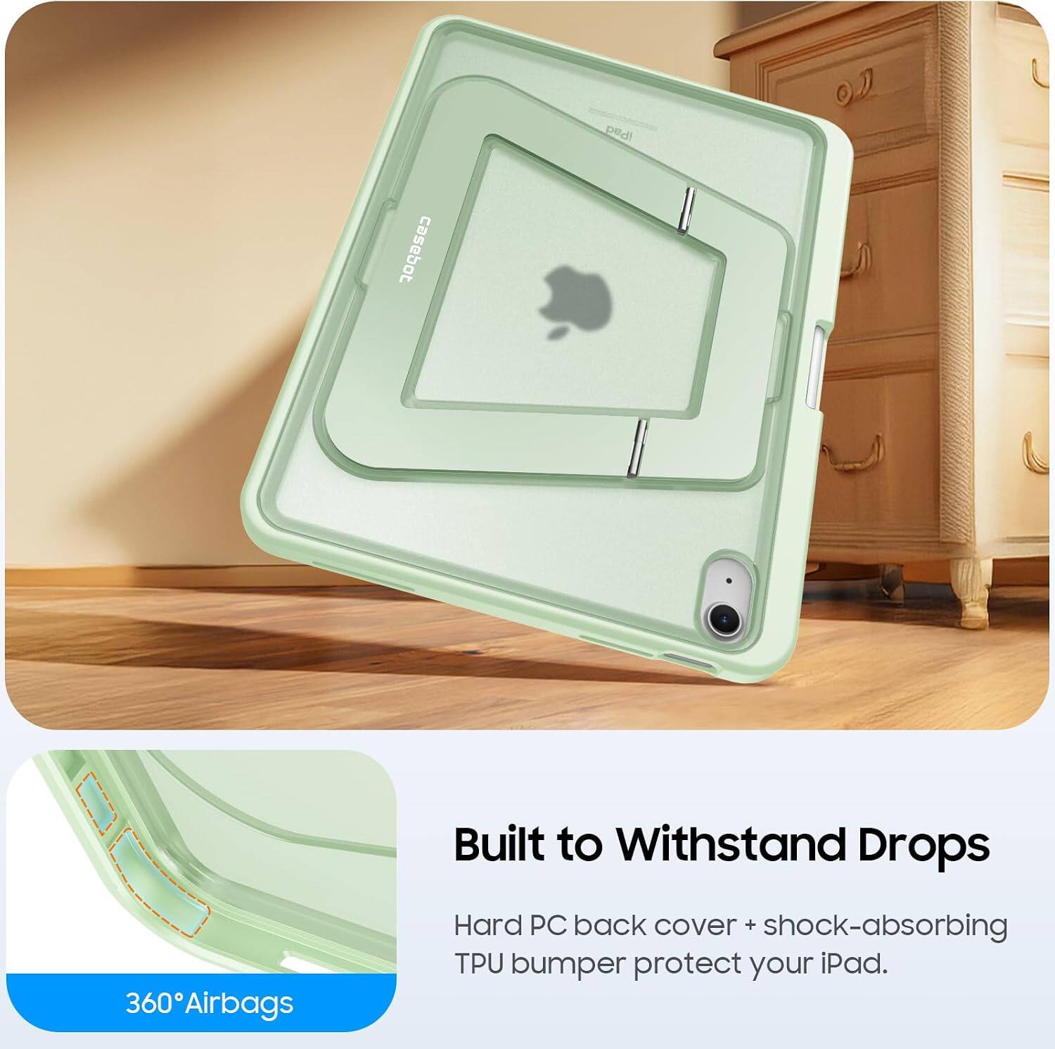 iPad casebot Built to Withstand Drops 360 360Airbags Hard PC back cover + shock-absorbing TPU bumper protect your iPad.