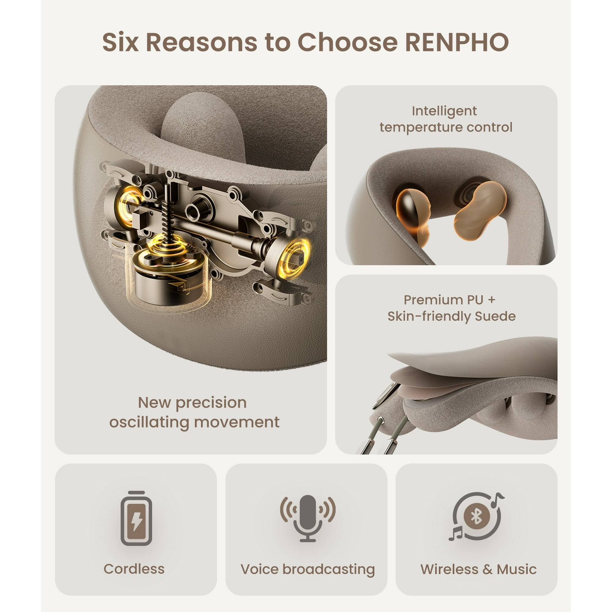 Six Reasons to Choose RENPHO

1. Intelligent temperature control
2. Premium PU + Skin-friendly Suede
3. New precision oscillating movement
4. Cordless
5. Voice broadcasting
6. Wireless & Music