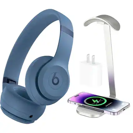 Front. Beats - Beats - Solo 4 True Wireless On-Ear Headphones - Slate Blue + Power Adapter & Headphone Stand/Charging Pad.