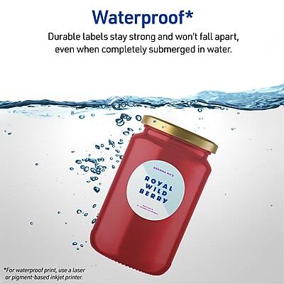 Waterproof*

Durable labels stay strong and won't fall apart, even when completely submerged in water.

*For waterproof print, use a laser or pigment-based inkjet printer.