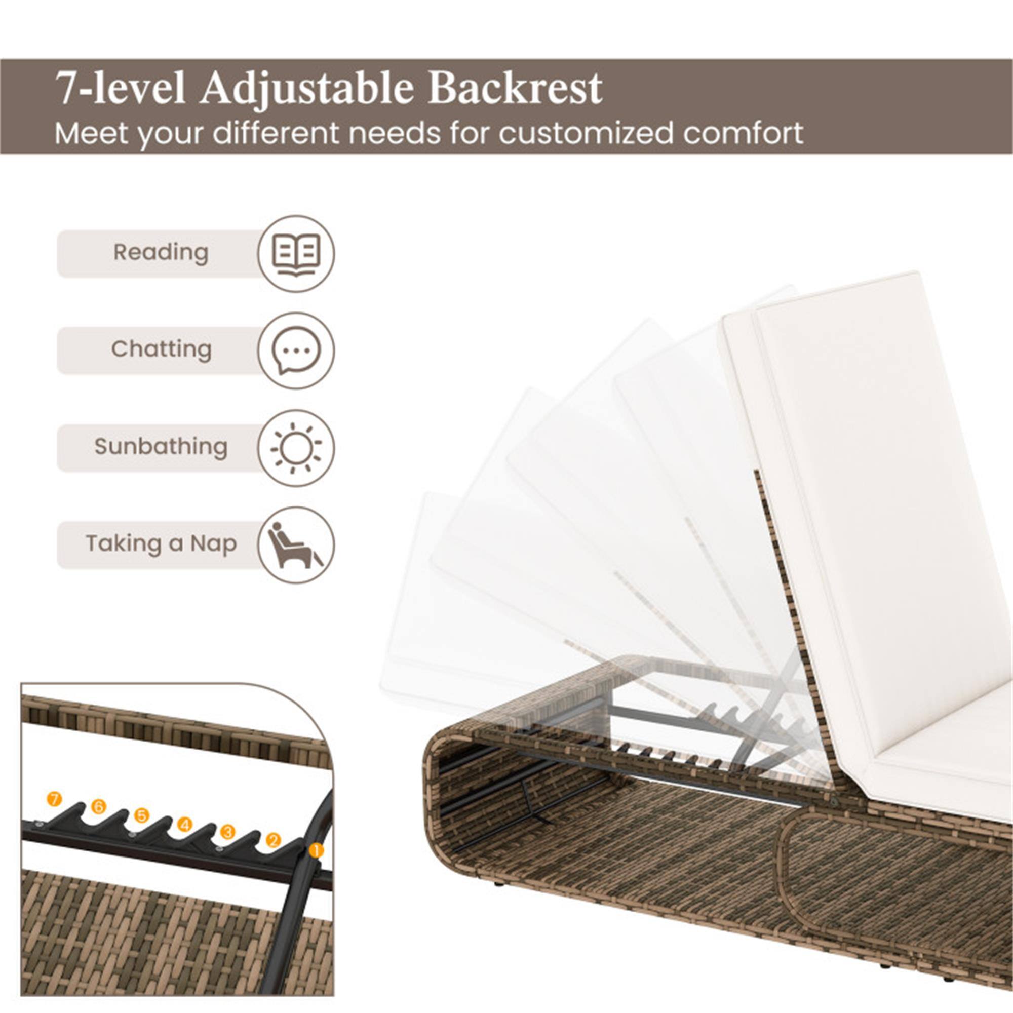 7-level Adjustable Backrest  
Meet your different needs for customized comfort  

Reading  
Chatting  
Sunbathing  
Taking a Nap  

7 6 5 4 3 2 1