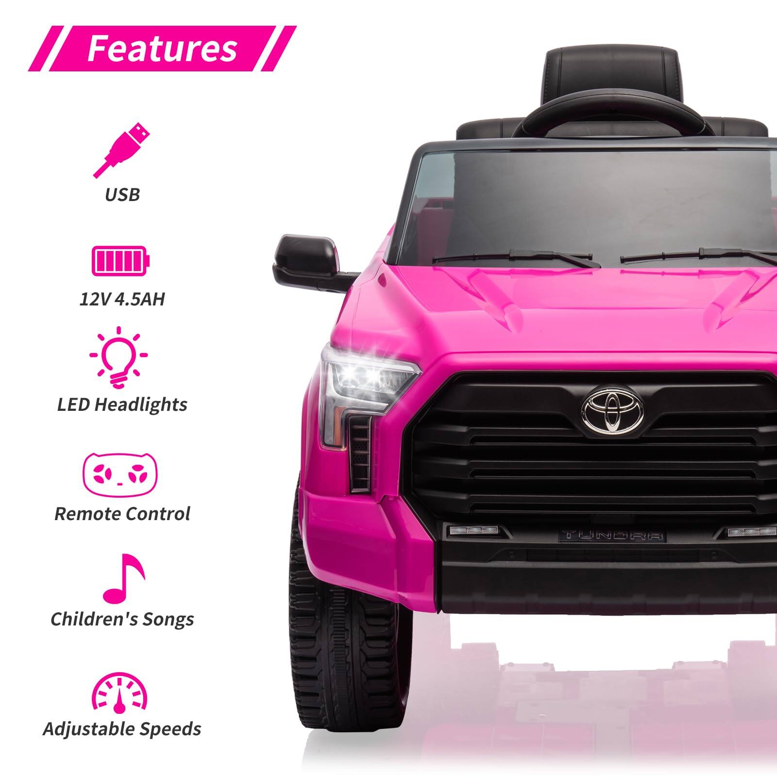 Features  
- USB  
- 12V 4.5AH  
- LED Headlights  
- Remote Control  
- Children's Songs  
- Adjustable Speeds