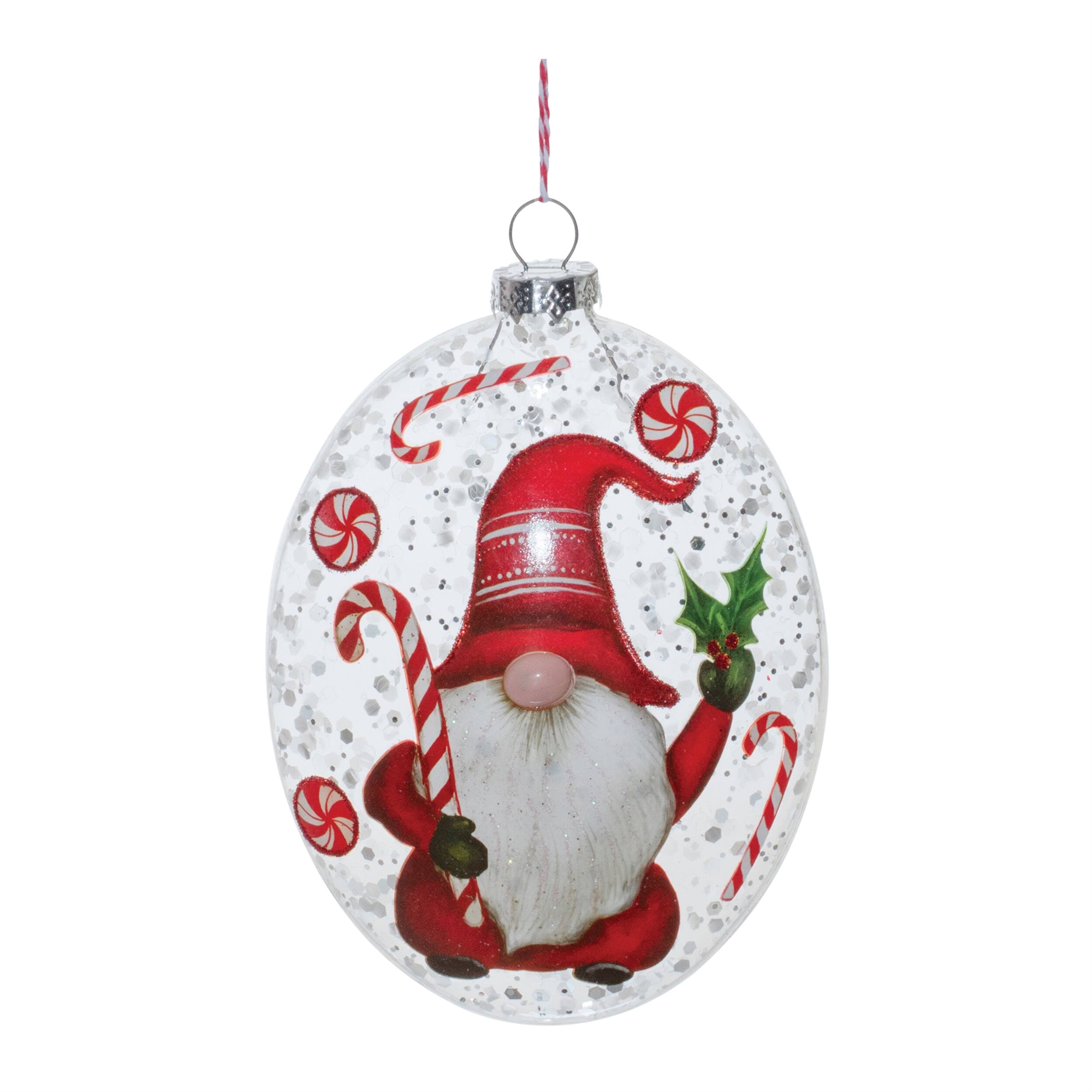 Back. BreeBe - Glass Peppermint Gnome Disc Ornament (Set of 12) - Red, White.