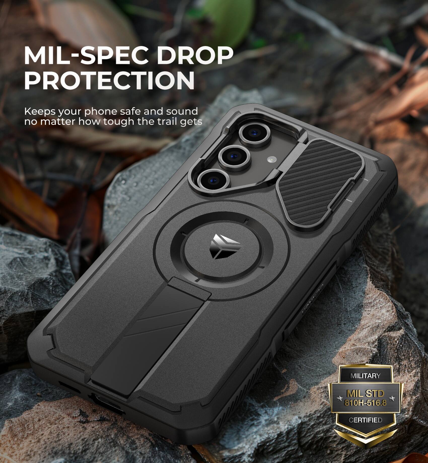 MIL-SPEC DROP PROTECTION | Keeps your phone safe and sound no matter how tough the trail gets | MILITARY MIL STD 810H-516.8 CERTIFIED