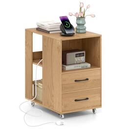 Gymax - End Table w/Built-in Charging Station USB Ports & Outlets 2 Drawers & 3 Shelves Natural - Yellow