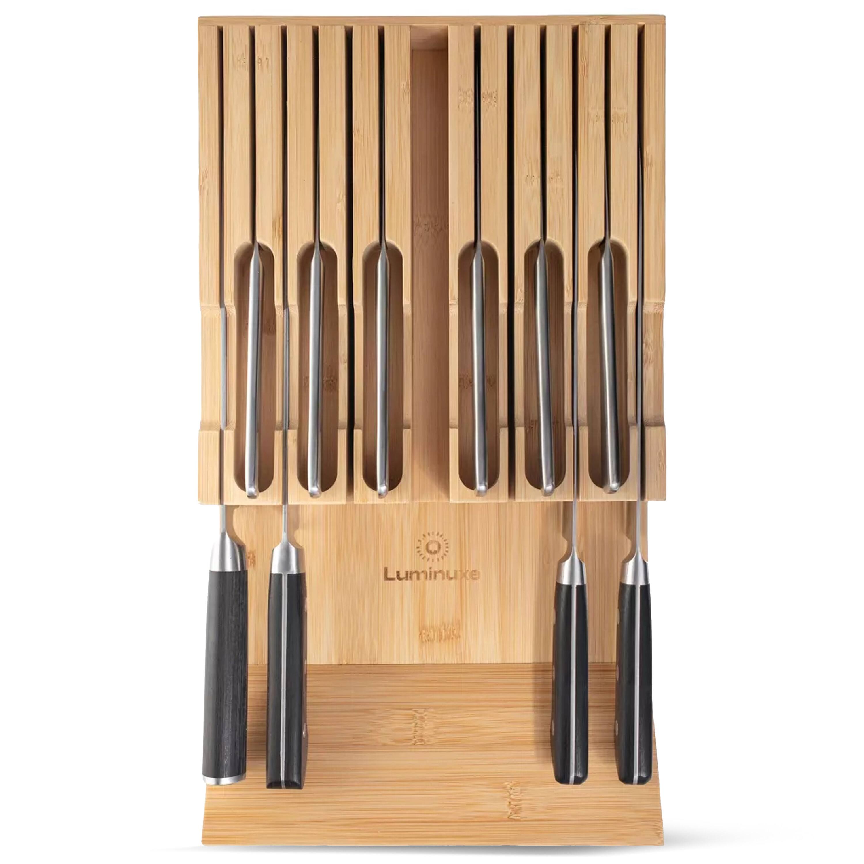 Front. Luminuxe - Bamboo Knife Block Drawer Organizer, Nonslip, In Drawer Wooden Knife Storage, Holds up to 12 Knives.