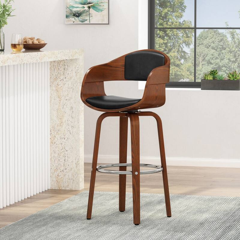 HTUTWOO - Mid-Century Modern Swivel Bar Stool, Walnut Wood Veneer Frame with Footrest, Leather Upholstery for Kitchen, Island, Bar - Black