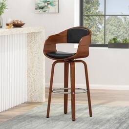 HTUTWOO - Mid-Century Modern Swivel Bar Stool, Walnut Wood Veneer Frame with Footrest, Leather Upholstery for Kitchen, Island, Bar - Black