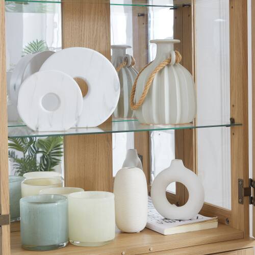 Left. LUCKY ONE - Freestanding Lighted Glass Curio Display Cabinet with Adjustable Shelves for Wine Toy Collectibles - Light Oak.