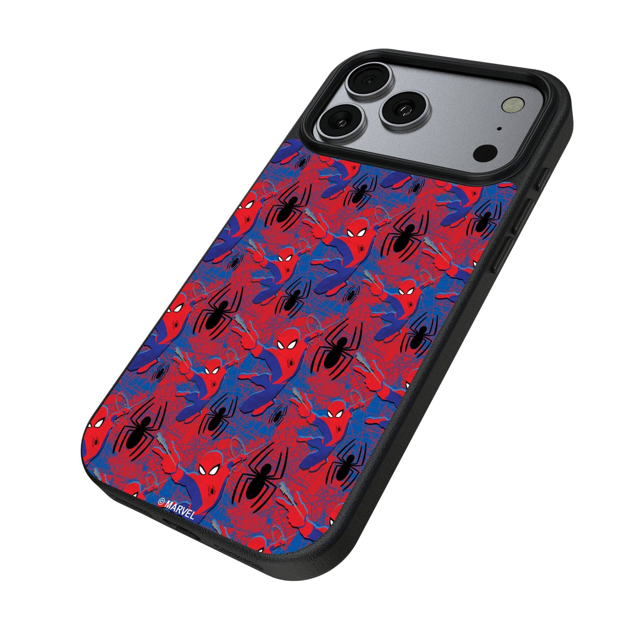 Angle. Keyscaper - Marvel Pattern MagSafe Compatible Phone Case - Apple iPhone 17 Pro Max - Spider-Man.