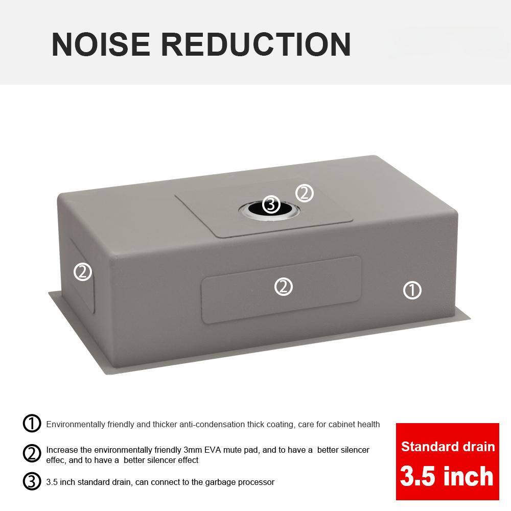 **NOISE REDUCTION**

1. Environmentally friendly and thicker anti-condensation thick coating, care for cabinet health
2. Increase the environmentally friendly 3mm EVA mute pad, and to have a better silencer effect
3. 3.5 inch standard drain, can connect to the garbage processor

**Standard drain 3.5 inch**