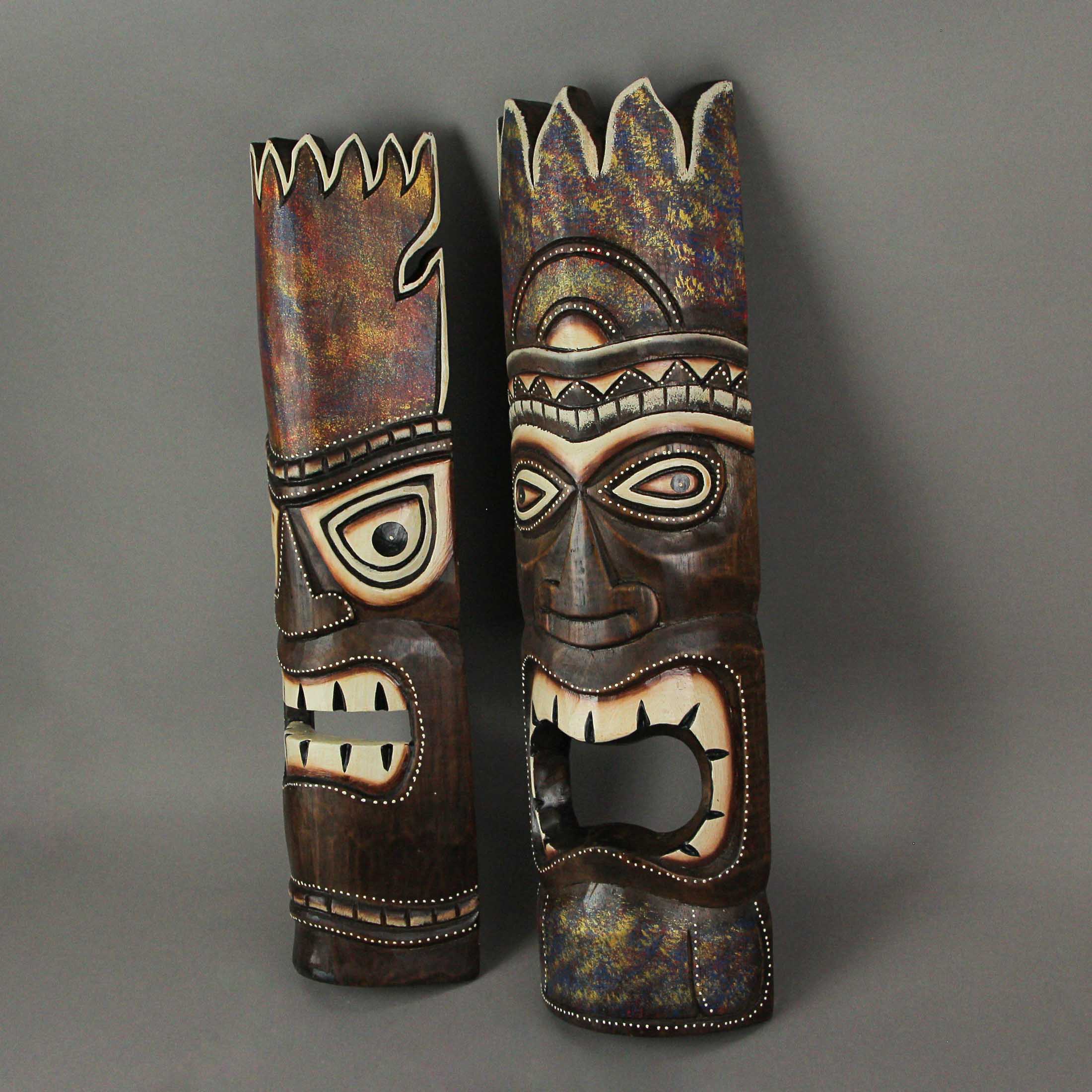 Alt View 1. J.D. Yeatts - Set of 2 Hand Carved Brown Stained and Painted Wood Polynesian Style Tiki Wall Hanging Masks 20 Inches High - Multicolored.