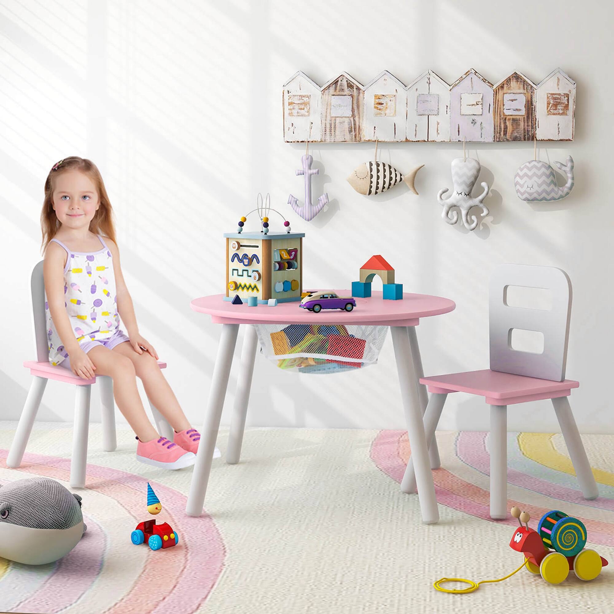 Alt View 2. Costway - Costway Kids Wooden Round Table & 2 Chair Set w/ Center Mesh Storage - Pink.