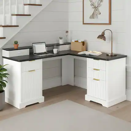 Front. TinyHomie - 59INCH Modern Fluted LShaped Desk Charging Station Storage Cabinet Home Office Computer Desk Monitor Stand White - White.