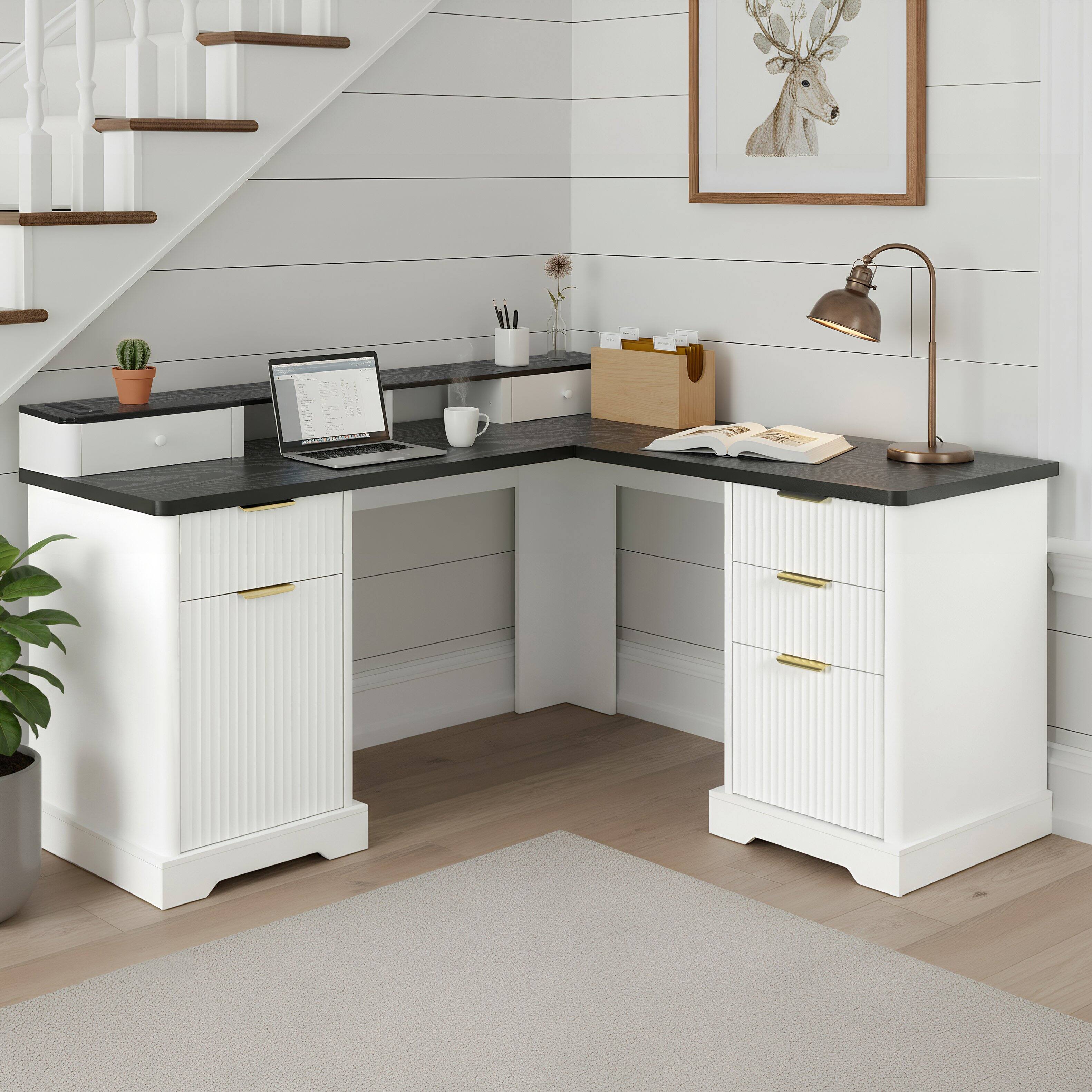 Front. TinyHomie - 59INCH Modern Fluted LShaped Desk Charging Station Storage Cabinet Home Office Computer Desk Monitor Stand White - White.