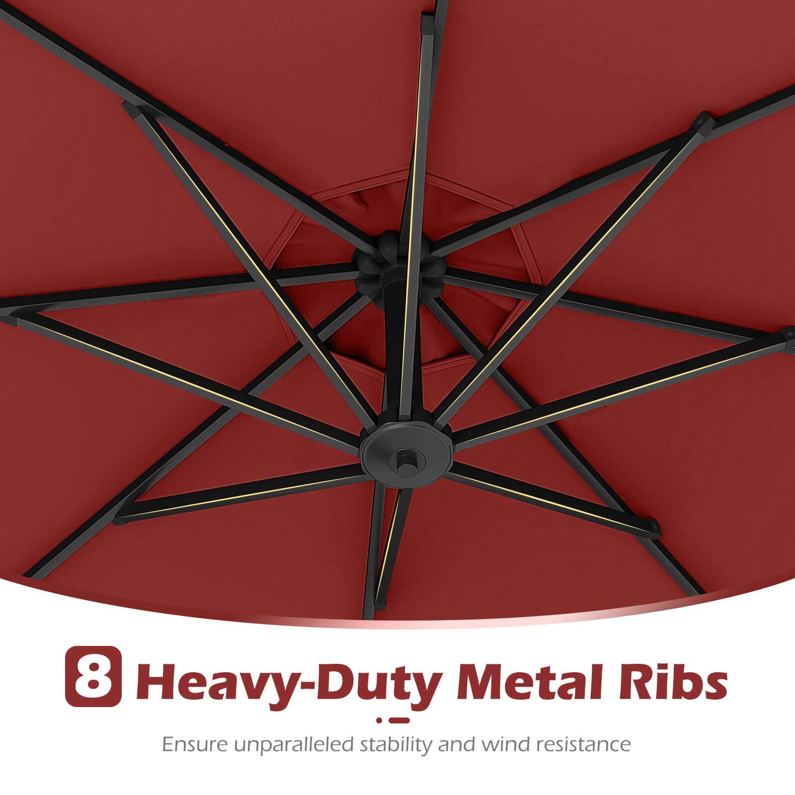 The text on the image reads: "8 Heavy-Duty Metal Ribs ! Ensure unparalleled stability and wind resistance."