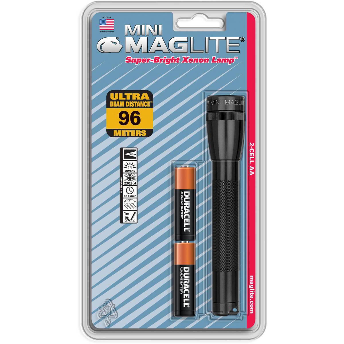 MINI MAGLITE Super-Bright Xenon Lamp  
ULTRA BEAM DISTANCE 96 METERS  
14 LUMENS | 2305cd  
ALKALINE BATTERY DURACELL  
2-CELL AA  
maglite.com