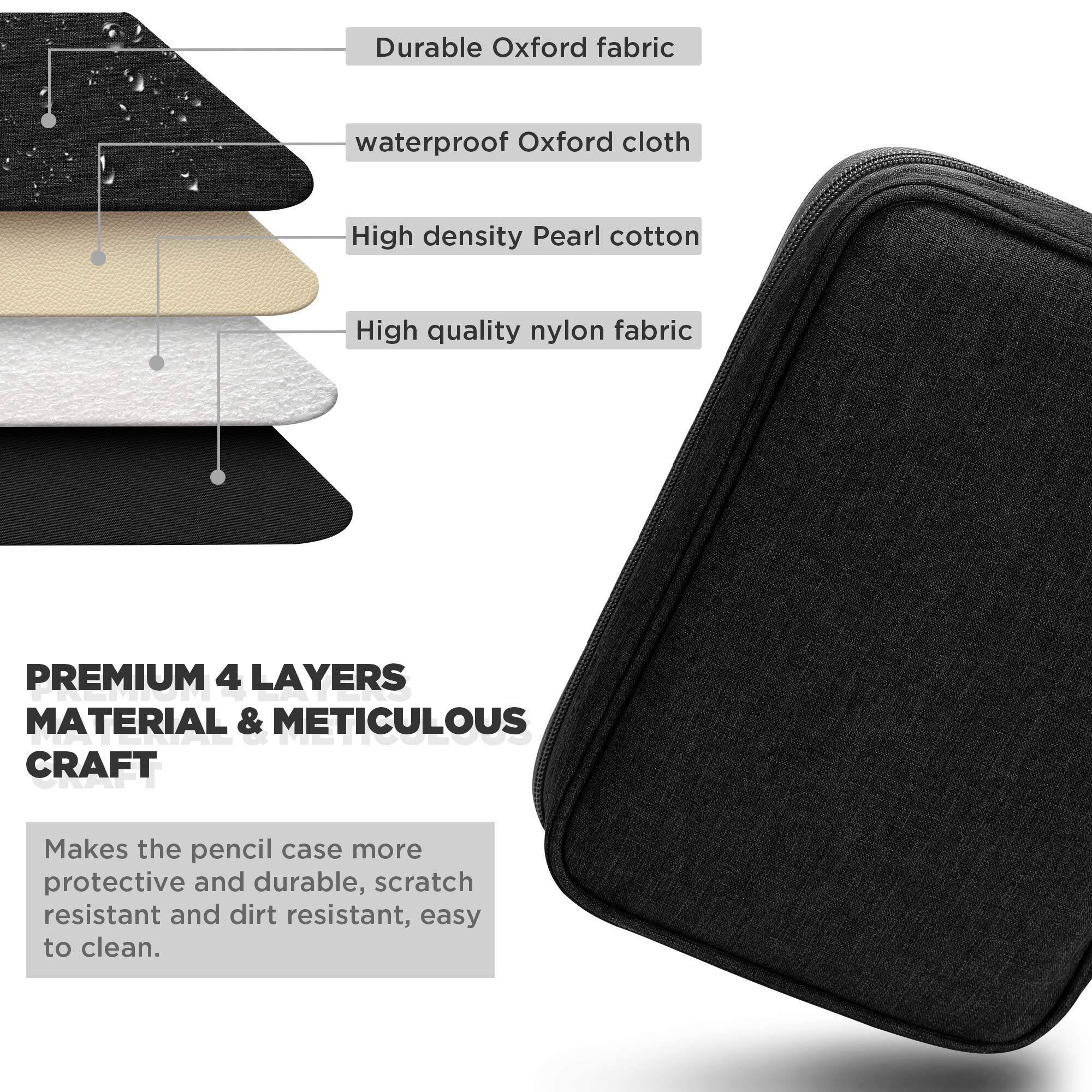 Durable Oxford fabric  
waterproof Oxford cloth  
High density Pearl cotton  
High quality nylon fabric  

PREMIUM 4 LAYERS MATERIAL & METICULOUS CRAFT  

Makes the pencil case more protective and durable, scratch resistant and dirt resistant, easy to clean.