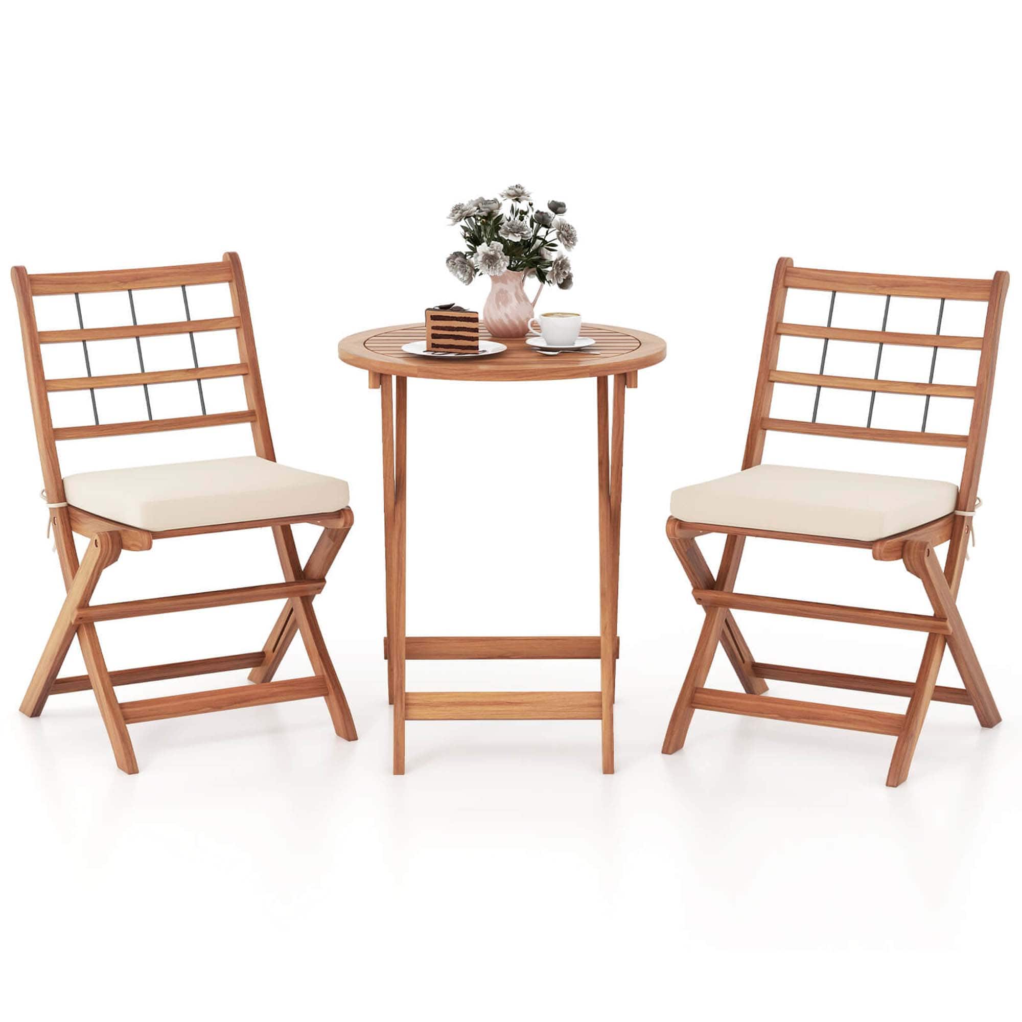 Front. Costway - 3 PCS Acacia Wood Patio Bistro Set Folding Outdoor Table and Chairs with Cushions - Off White,Natural.