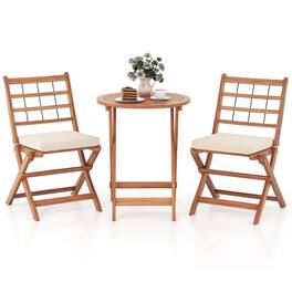 Costway - 3 PCS Acacia Wood Patio Bistro Set Folding Outdoor Table and Chairs with Cushions - Off White,Natural