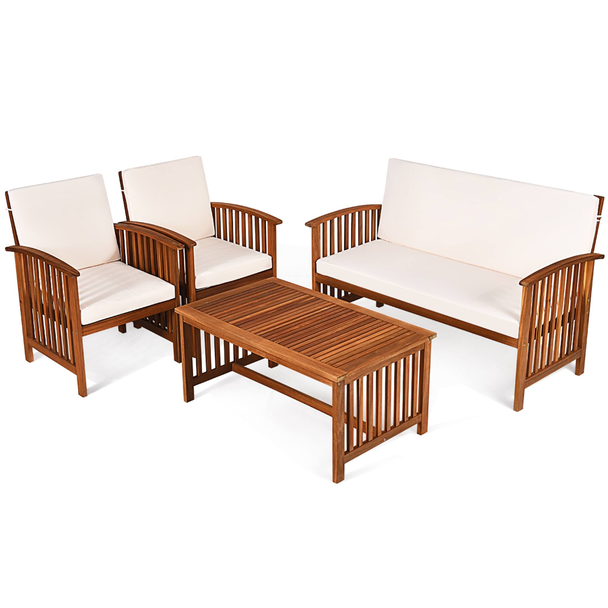 Alt View 7. Costway - Costway 4PCS Patio Solid Wood Furniture Set Conversation Coffee Table W/ Cushion - as pic.
