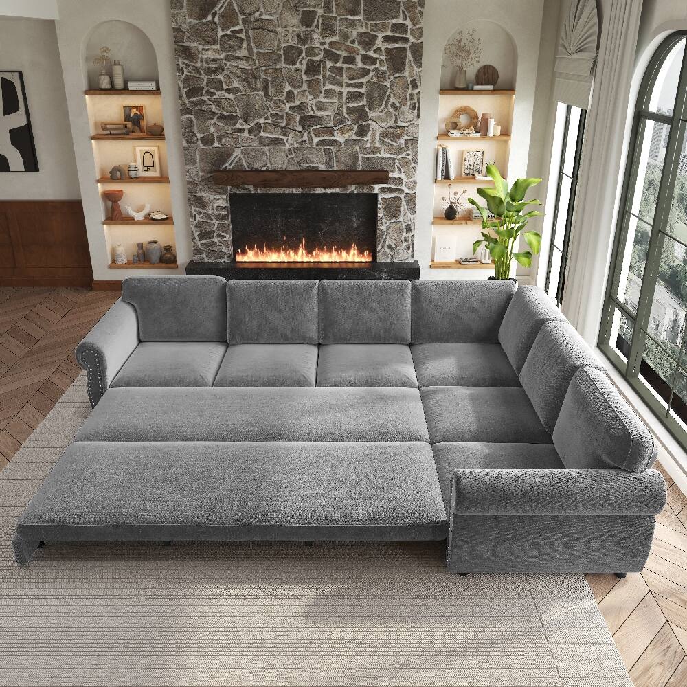 Alt View 9. Loheer - Loheer 118 Inch L-Shaped Sleeper Sofa Pull-Out Bed Light Grey - Light Grey.
