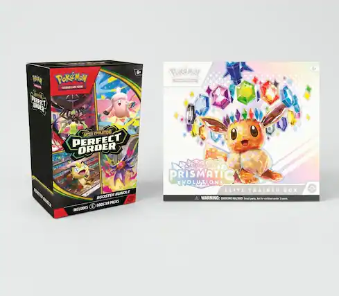 NKA POKEMON TEADING CABO CAME PERFECT ORDER 6+
POKEMON TCACIS 58se CAS 6+
MCECR EPOUTION PERFECT ORDER
T BUNOLE BOOSTER BINOLE BOOSTER PACKS 6
INCLUDES SEARLET VIOLET PRISMATIC EVOLUTIONS
ELITE TRAINER BOX
WARNING: CHOKING HAZARD Small parts. Not for children under 3 years.