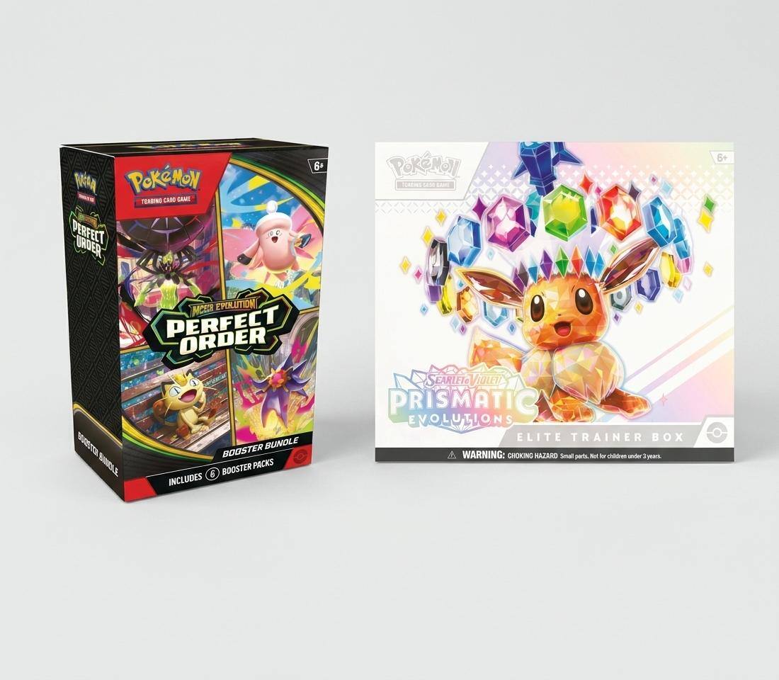 NKA POKEMON TEADING CABO CAME PERFECT ORDER 6+  
POKEMON TCACIS 58se CAS 6+  
MCECR EPOUTION PERFECT ORDER  
T BUNOLE BOOSTER BINOLE BOOSTER PACKS 6  
INCLUDES SEARLET VIOLET PRISMATIC EVOLUTIONS  
ELITE TRAINER BOX  
WARNING: CHOKING HAZARD Small parts. Not for children under 3 years.